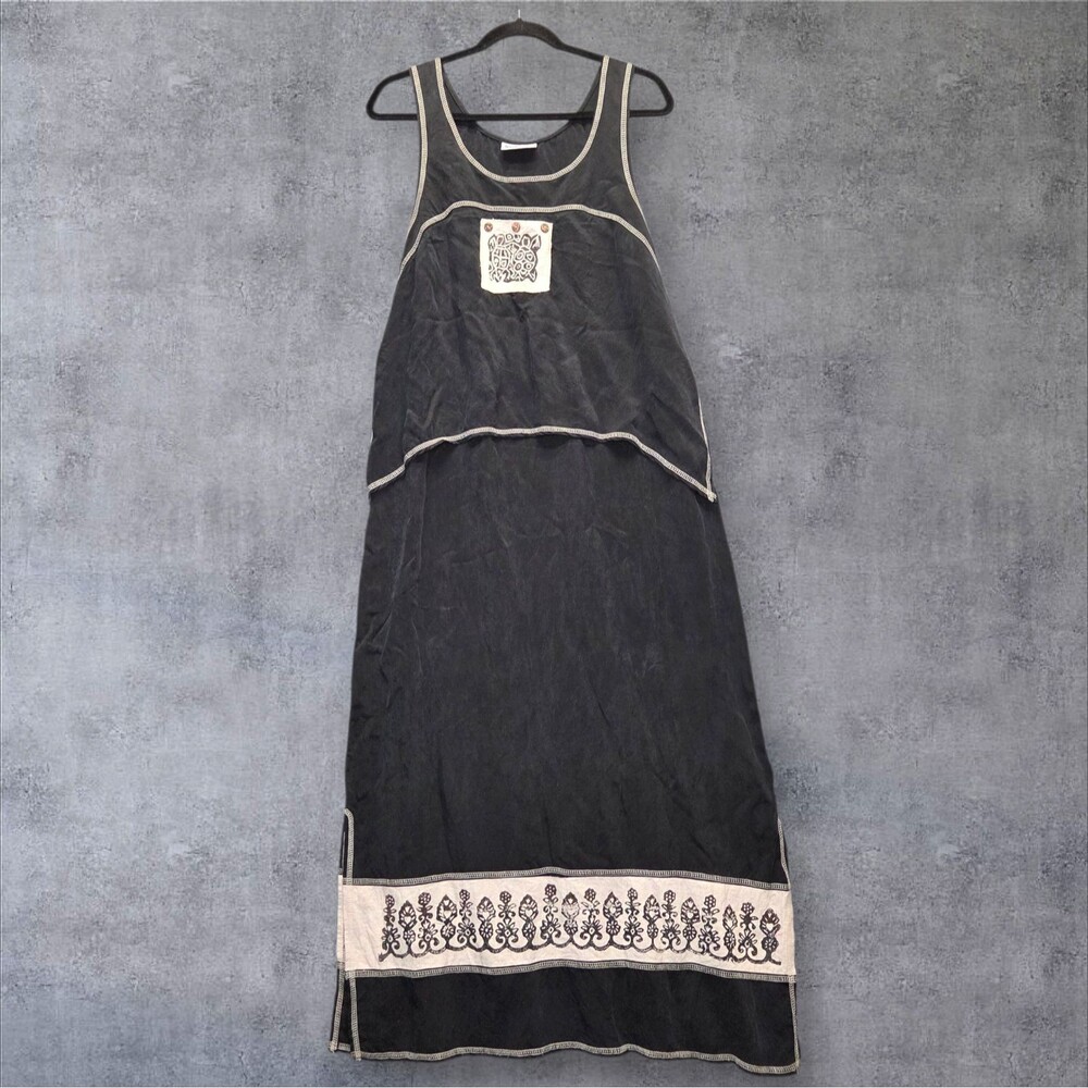 Nina Piccalino Dress Womens Black Beige Maxi Sleeveless Boho Embroidered Tie